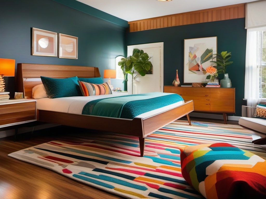 Mid-century modern master bedroom features a retro-style bed, colorful throw pillows, and geometric rugs that add character without overwhelming the space.  