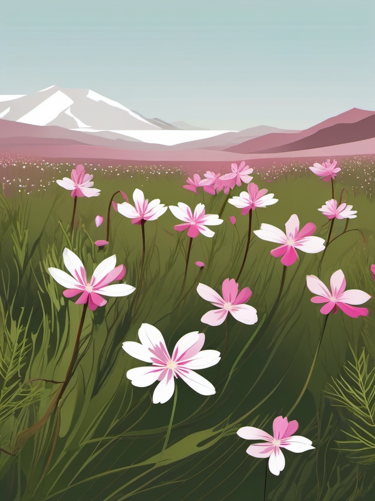 Tundra Moss Campion Clip Art - Moss campion blooms in the tundra,  color vector clipart, minimal style