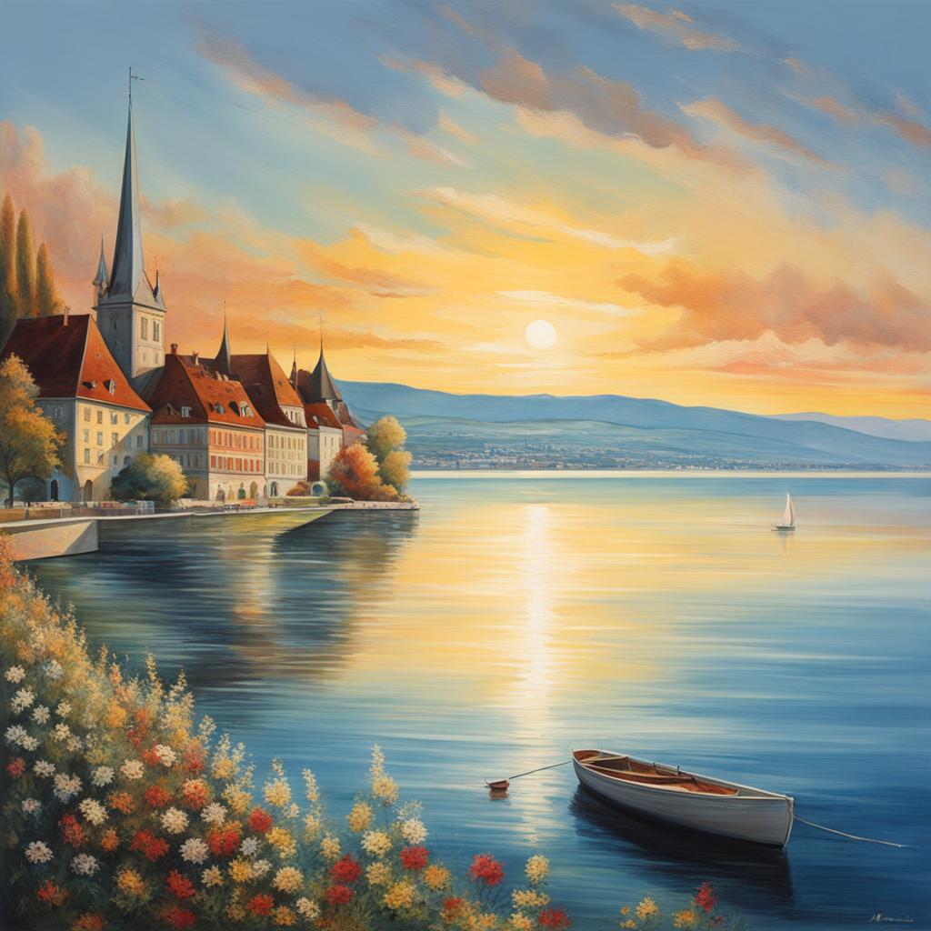 hidden beauty of lake neuchâtel - create an artwork that conveys the hidden beauty of lake neuchâtel, with its peaceful shores and historic towns. 