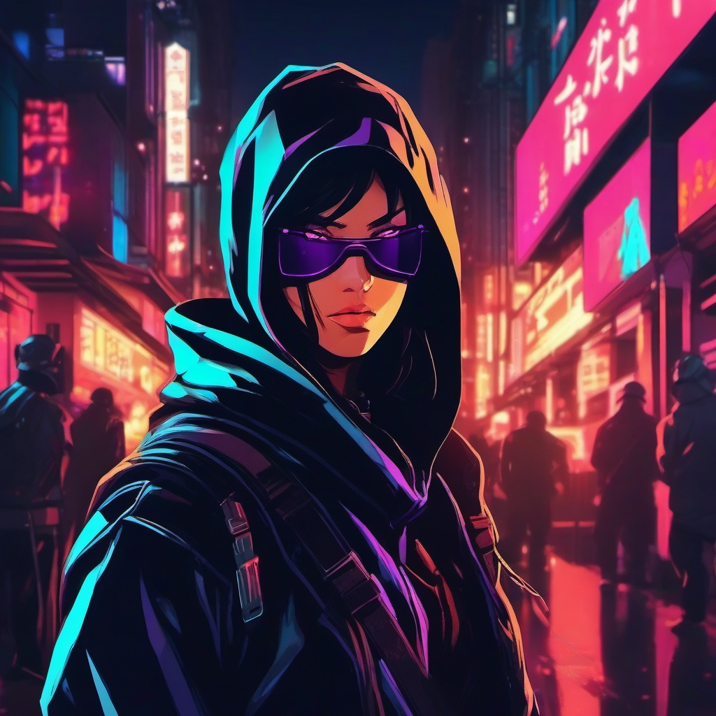 Mysterious ninja assassin, in a neon-lit city, stealthily infiltrating an underground criminal organization.  front facing ,centered portrait shot, cute anime color style, pfp, full face visible