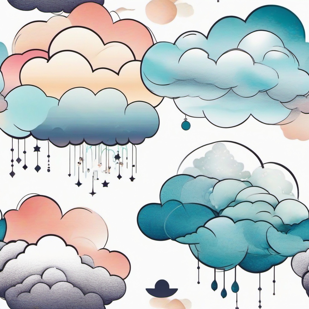 Clouds Tattoo-Elegant and whimsical tattoos featuring various cloud designs, capturing a sense of atmospheric beauty.  simple color tattoo,white background