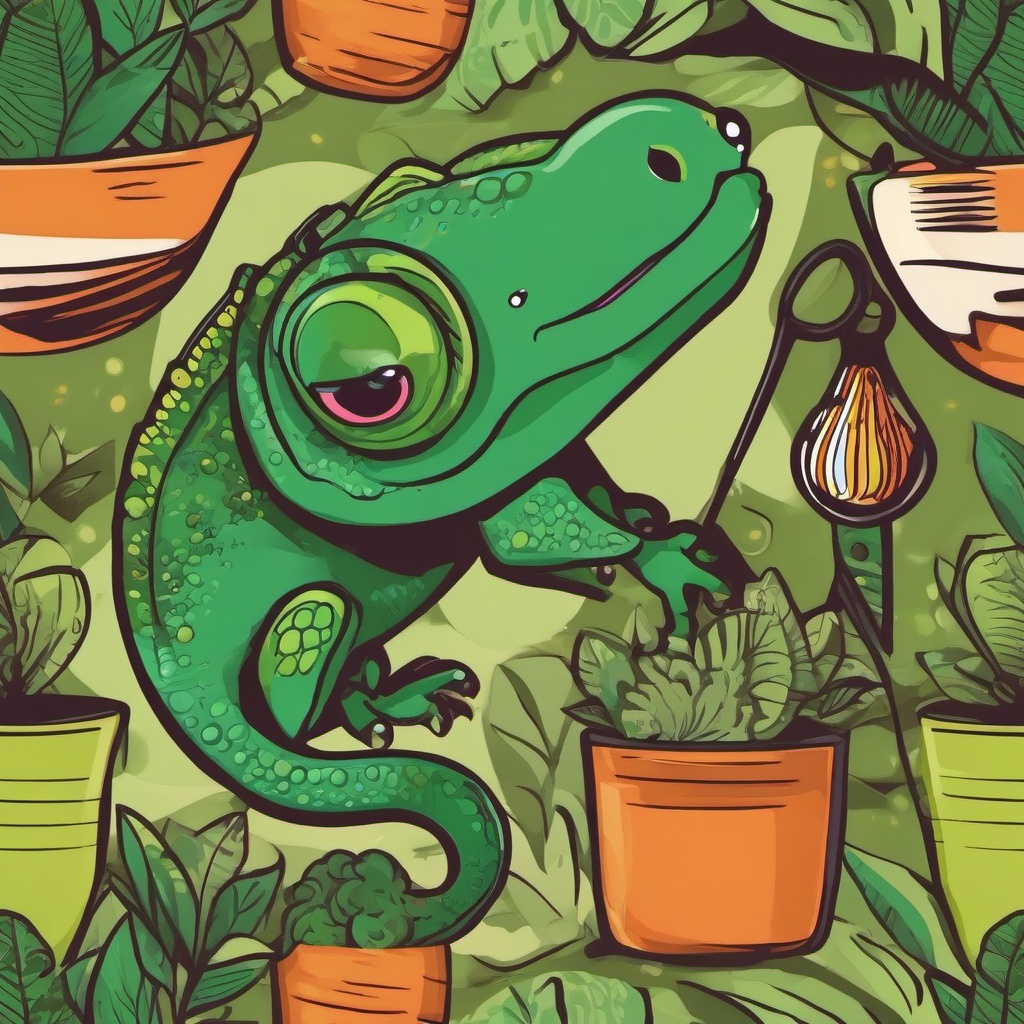 Chuckling Chameleon - Craft a scene with a chameleon telling jokes while camouflaging as various objects. ,t shirt vector design