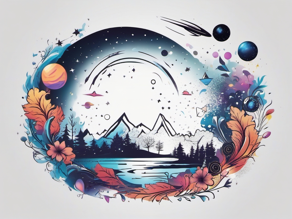 Distractibility Galaxy - Illustrate the vast and scattered nature of distractibility with a cosmic-themed tattoo.  color tattoo designs,minimalist,vector,white background