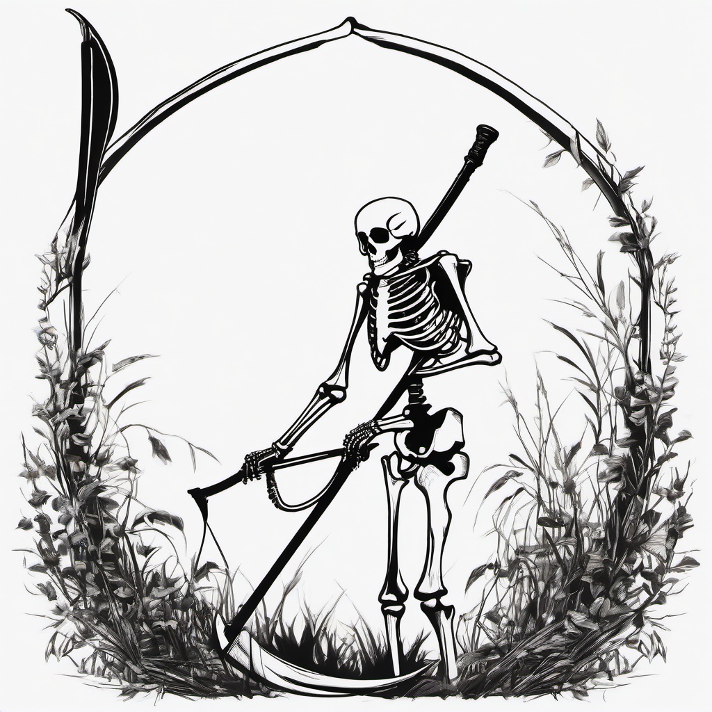 drawing of a skeleton with a scythe  minimal rough sketch scribbles,doodles,black and white