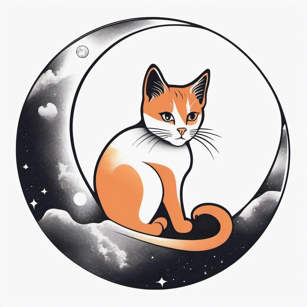 cat on a moon tattoo  minimal color tattoo, white background