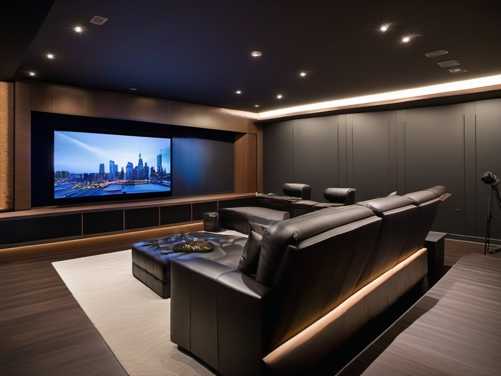 A media room designed with urban modern interior design features minimalist seating, large screens, and sleek decor that enhances the cinematic experience in a contemporary setting.  