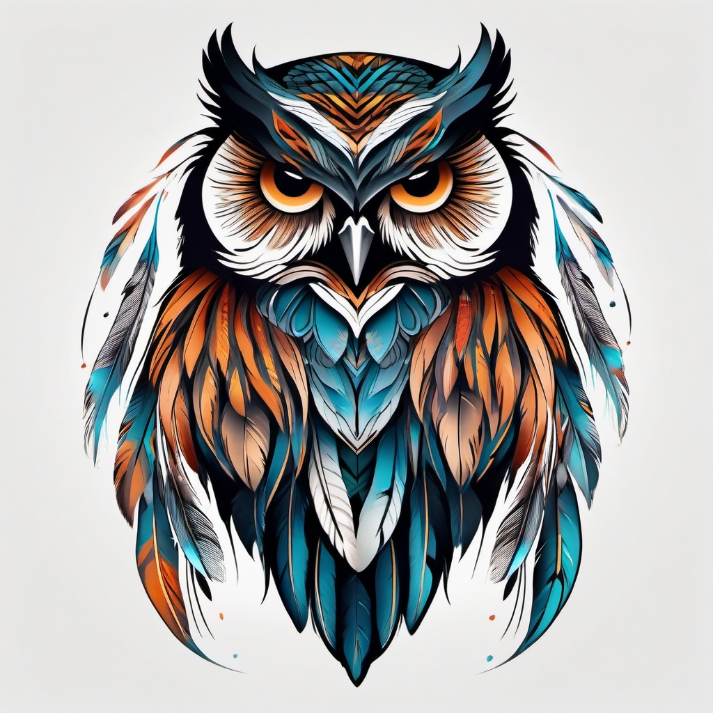 Diverse feathers form a unified owl tattoo.  color tattoo style, minimalist design, white background