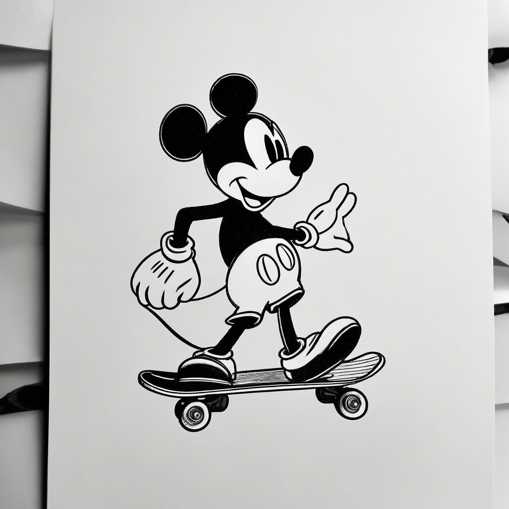 drawing of Mickey Mouse on a skateboard  minimal rough sketch scribbles,doodles,black and white