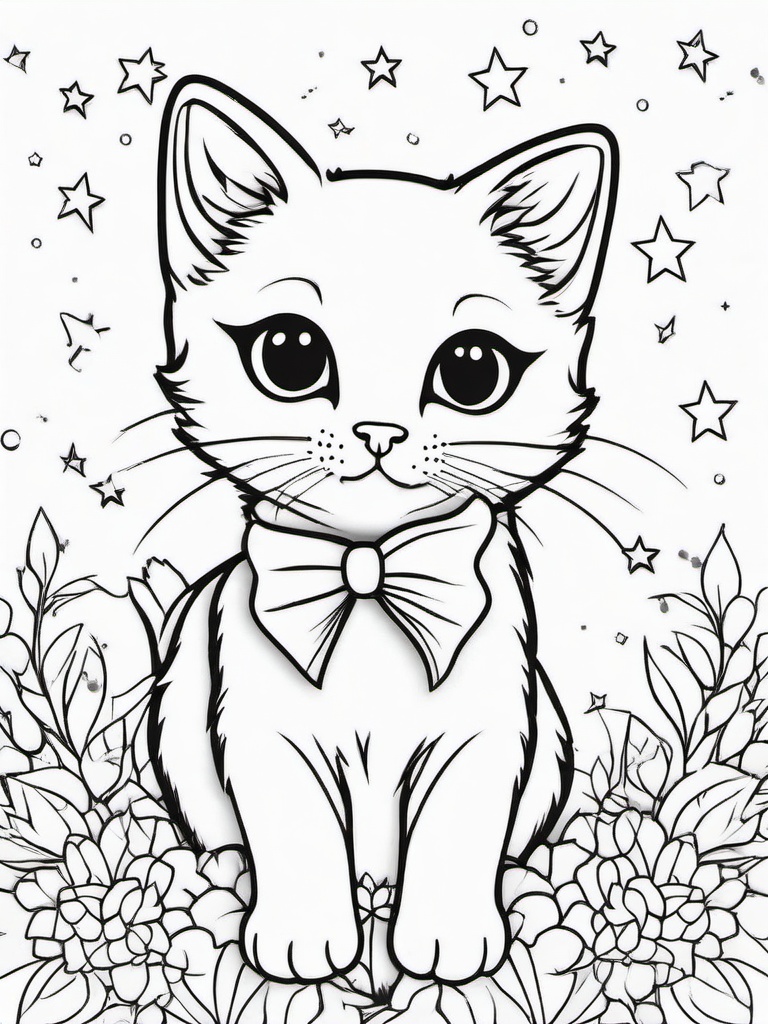 Kitty with a Bow and Stars Coloring Pages - Adorable Kitten Surrounded by Stars  minimal black outline printable sheet, coloring page