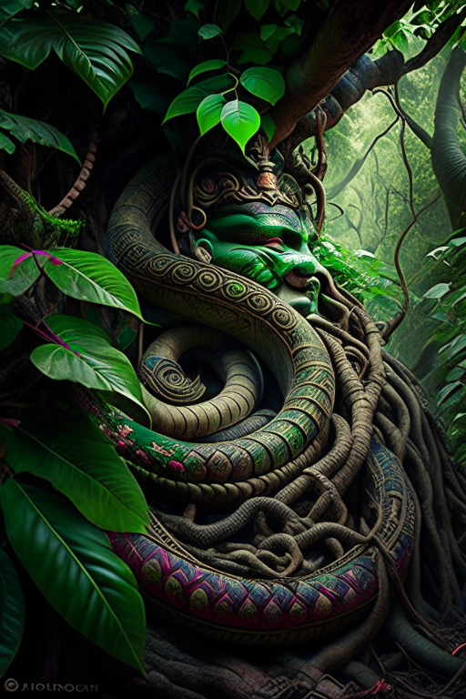 naga, the serpent deity, coiled around the roots of a sacred bodhi tree in an ancient jungle. 