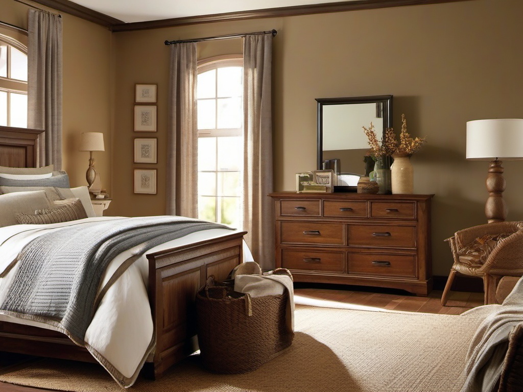 Country bedroom combines sturdy wooden furniture, warm colors, and simple decor to create a welcoming environment for relaxation.  