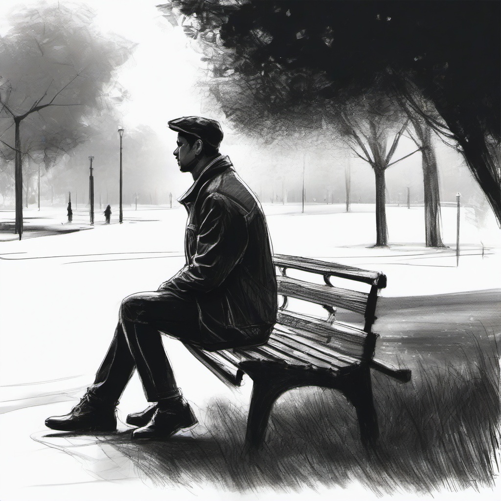 drawing of a man sitting on a park bench  minimal rough sketch scribbles,doodles,black and white