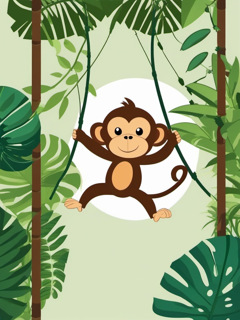 Monkey Clipart - Monkey swinging from vines in the tropical jungle , minimal, 2d