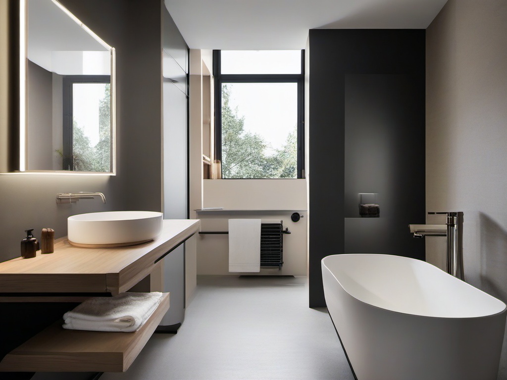 Bauhaus small bathroom showcases compact, streamlined fixtures, a wall-mounted sink, and neutral tones, maximizing functionality in a minimalist space.  