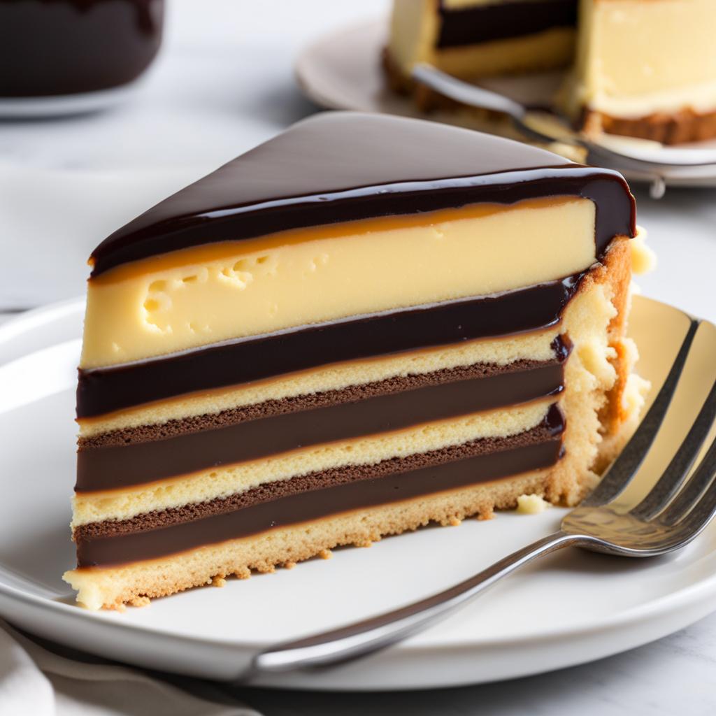 a slice of classic boston cream pie, with layers of sponge cake, pastry cream, and chocolate glaze. 