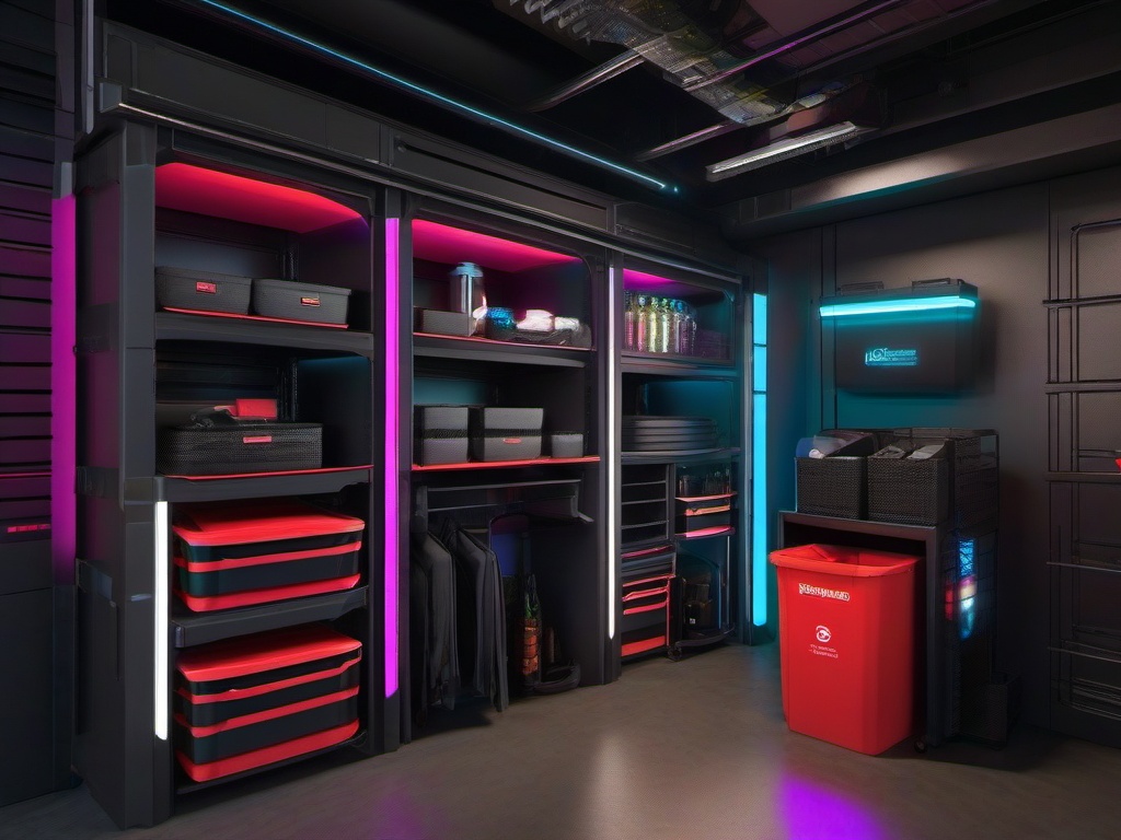 The storage room showcases cyberpunk interior design with organized bins, high-tech storage solutions, and colorful accents that maximize efficiency and fun in the space.  