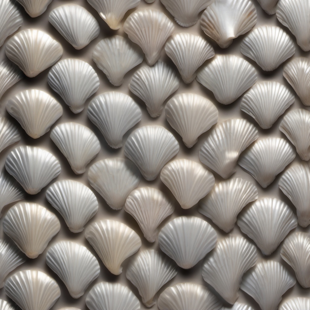 Seashell-inspired porcelain tiles with a pearly, shimmering surface top view, product photoshoot realistic background, hyper detail, high resolution