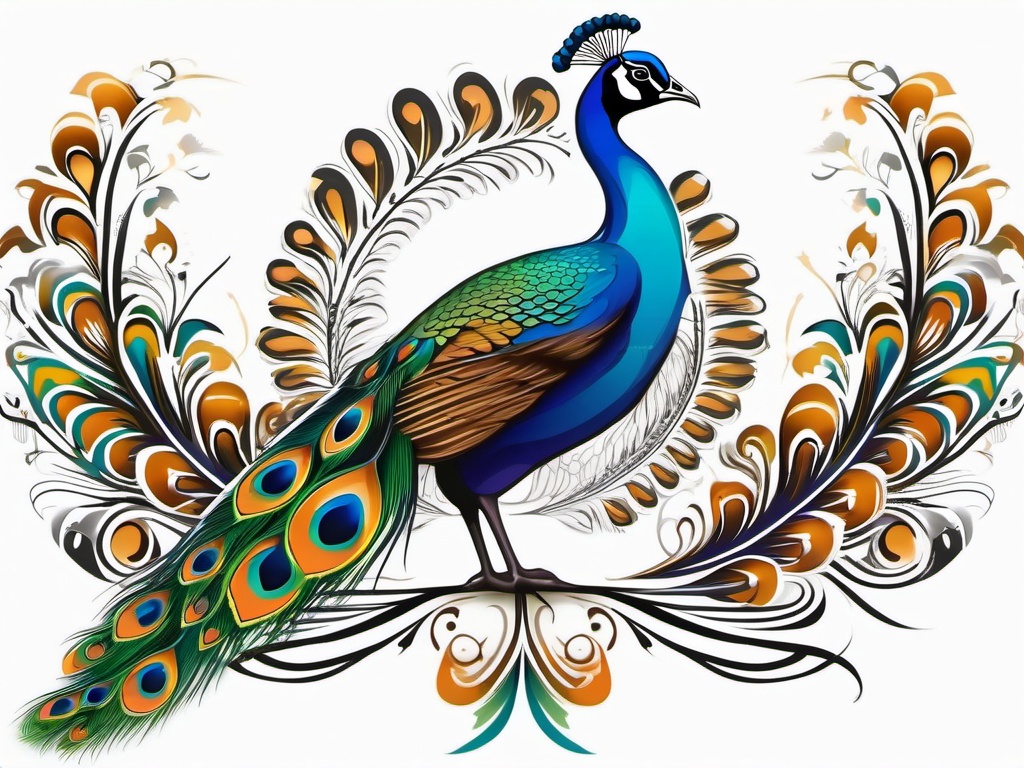 Peacock Tattoo - Peacock displaying its stunning tail feathers  color tattoo design, clean white background