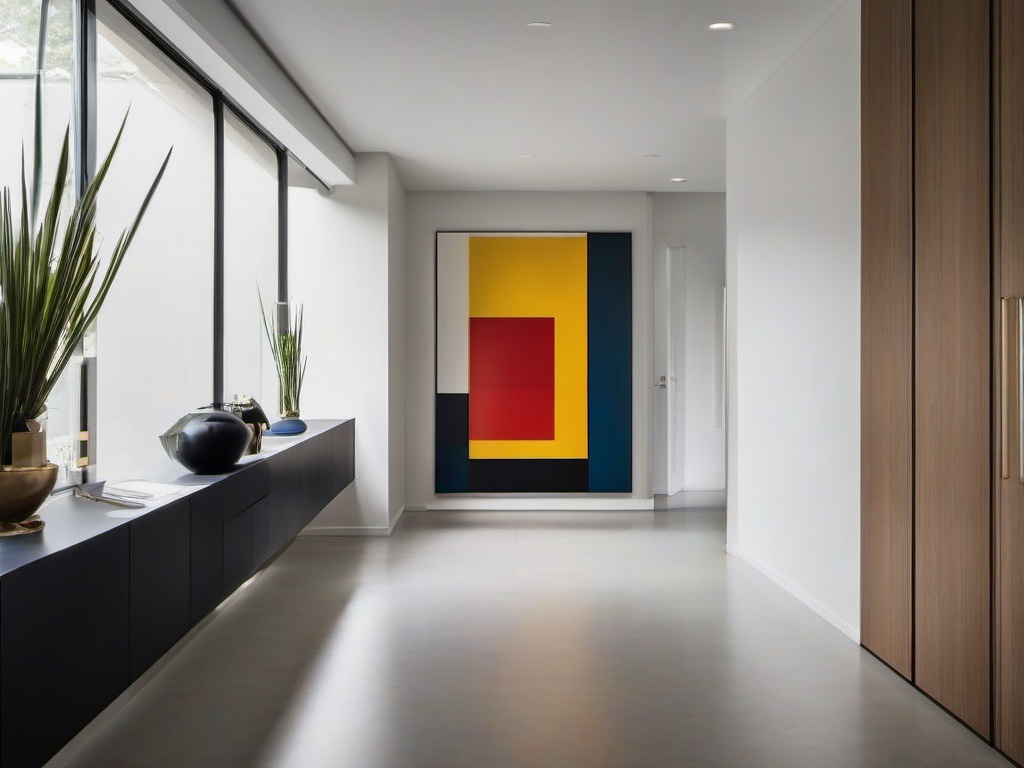 The hallway showcases Bauhaus interior design through a minimalist approach, with clean lines, geometric artwork, and a simple color palette that creates an inviting passage.  