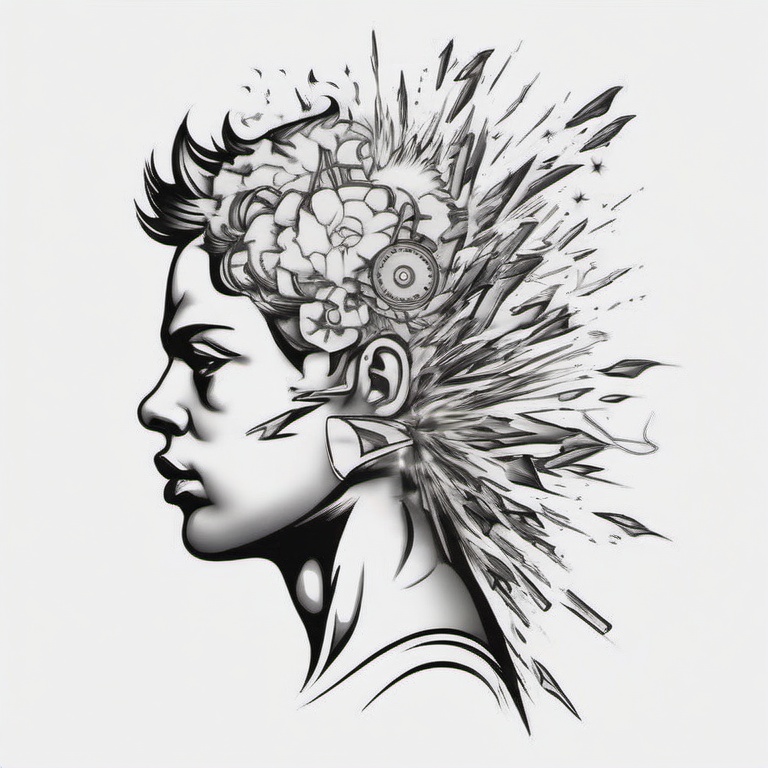 adhd tattoo - exploding head with ideas  outline tatto, white background draw in pencil style