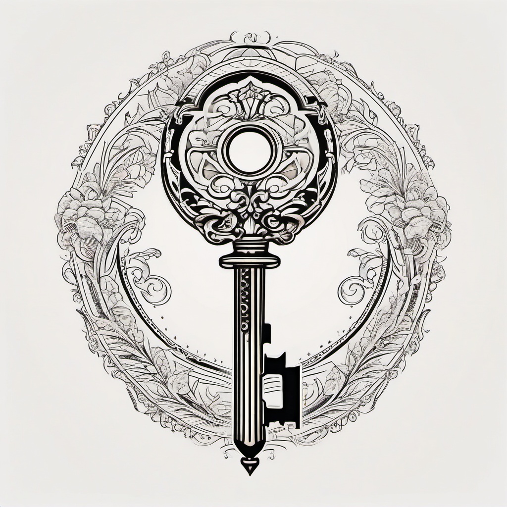 Key Tattoo - A vintage key tattoo unlocking secrets  few color tattoo design, simple line art, design clean white background