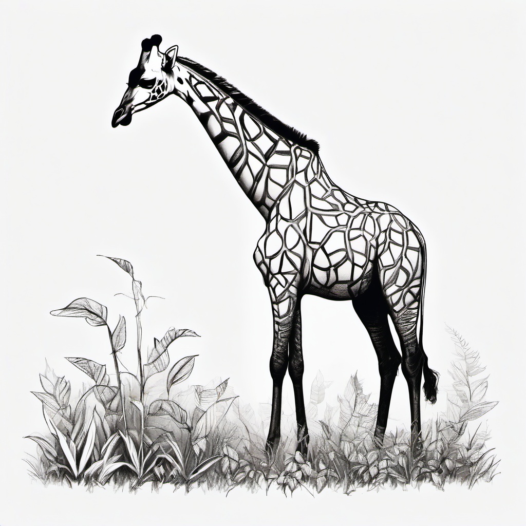 drawing of a giraffe eating leaves  minimal rough sketch scribbles,doodles,black and white