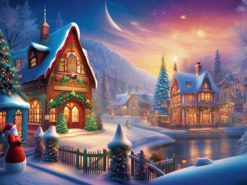 Christmas Village Scenery Wallpaper with Magical Winter Wonderland in Santa's Workshop wallpaper splash art, vibrant colors, intricate patterns