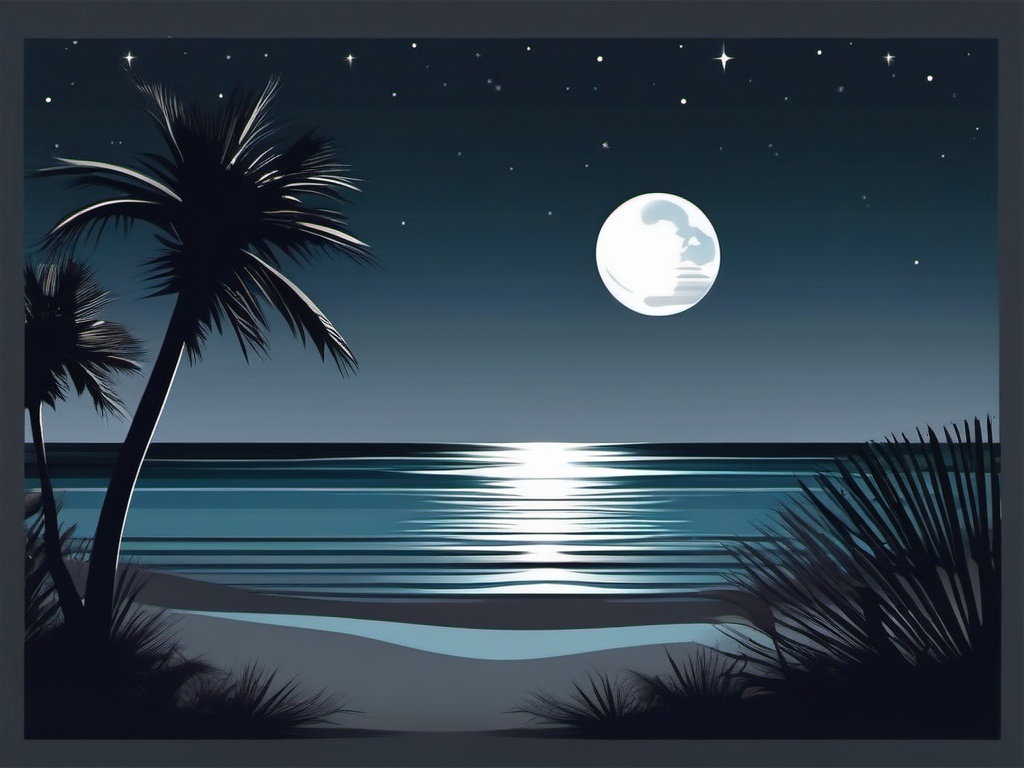 Moonlit beach sticker- Coastal tranquility, , sticker vector art, minimalist design