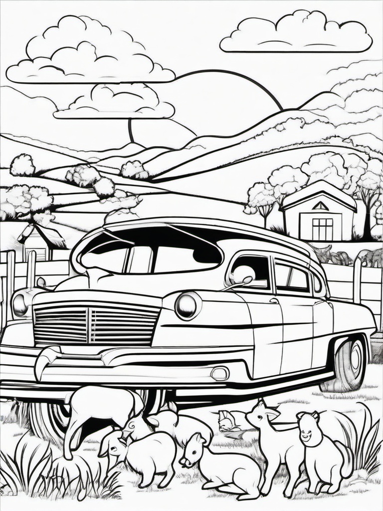 Car and Farm Animals Coloring Pages - Fun Scene with Cars and Animals  minimal black outline printable sheet, coloring page