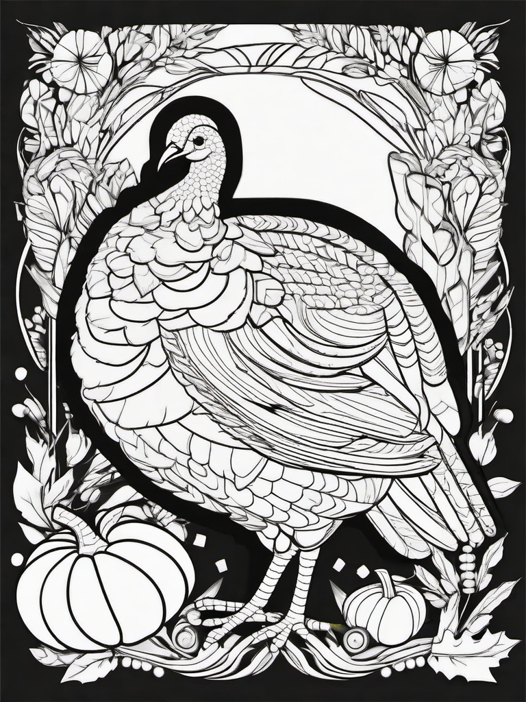 Turkey with Gourds Coloring Pages - Colorful Scene with Thanksgiving Turkey and Gourds  minimal black outline printable sheet, coloring page