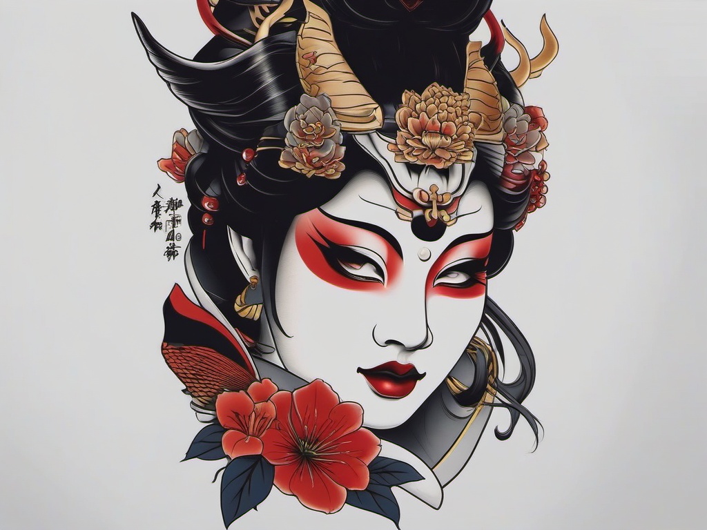 hannya mask geisha tattoo  simple color tattoo,white background,minimal