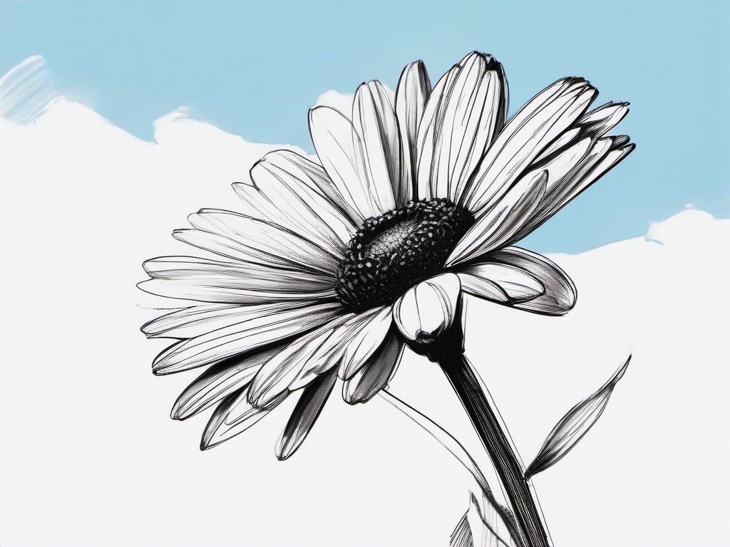 drawing of a daisy under a blue sky  minimal rough sketch scribbles,doodles,black and white