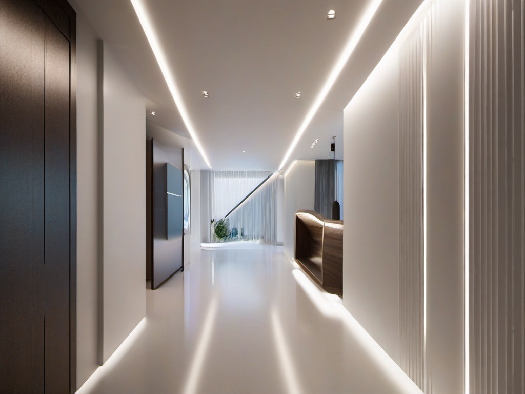 The hallway showcases futuristic interior design through smooth lines, dynamic lighting, and sleek surfaces, creating a visually striking passage throughout the home.  