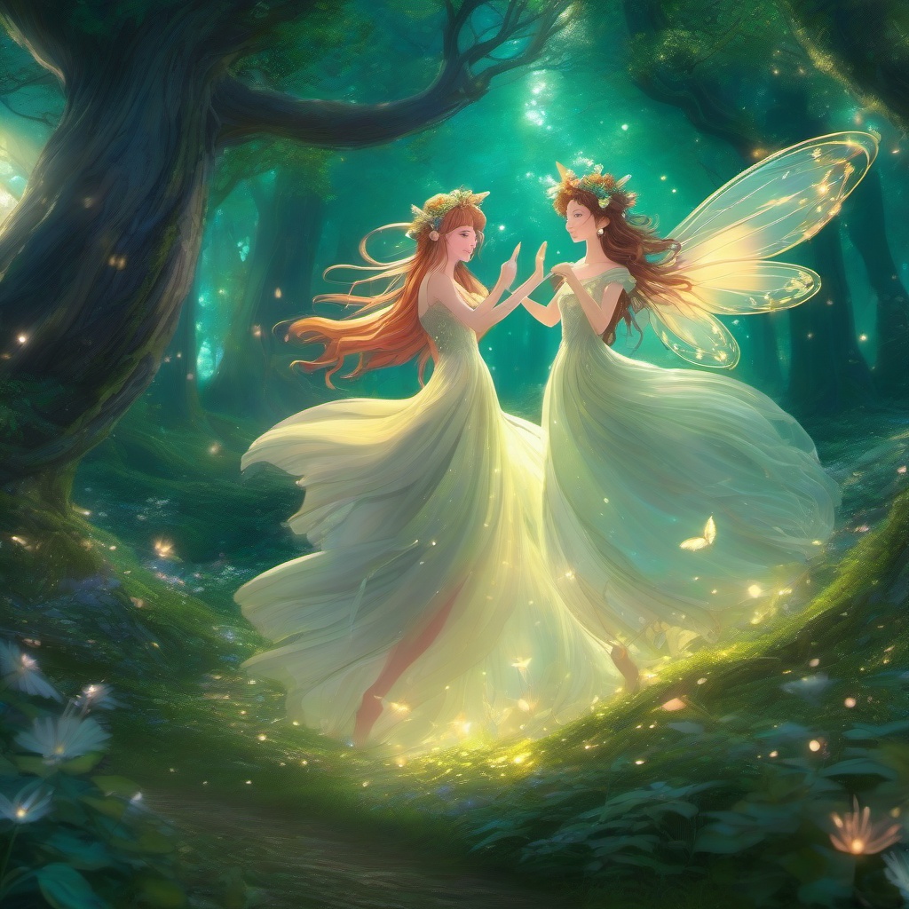 Enchanted forest nymph and whimsical forest nymph companion, dancing gracefully in a whimsical forest, radiating ethereal beauty, as a matching pfp for friends. wide shot, cool anime color style