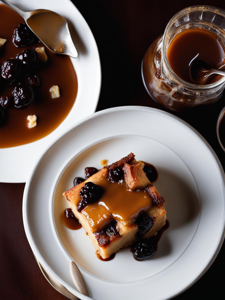 a plate of warm, gooey bread pudding, studded with raisins and served with a bourbon sauce. 