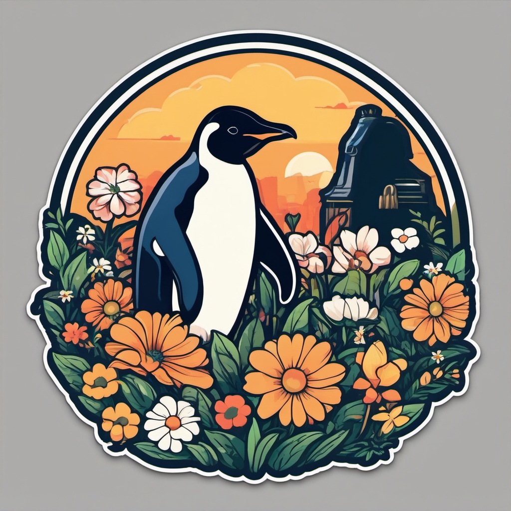 Penguin Gardener Sticker - A penguin tending to a garden, surrounded by flowers. ,vector color sticker art,minimal