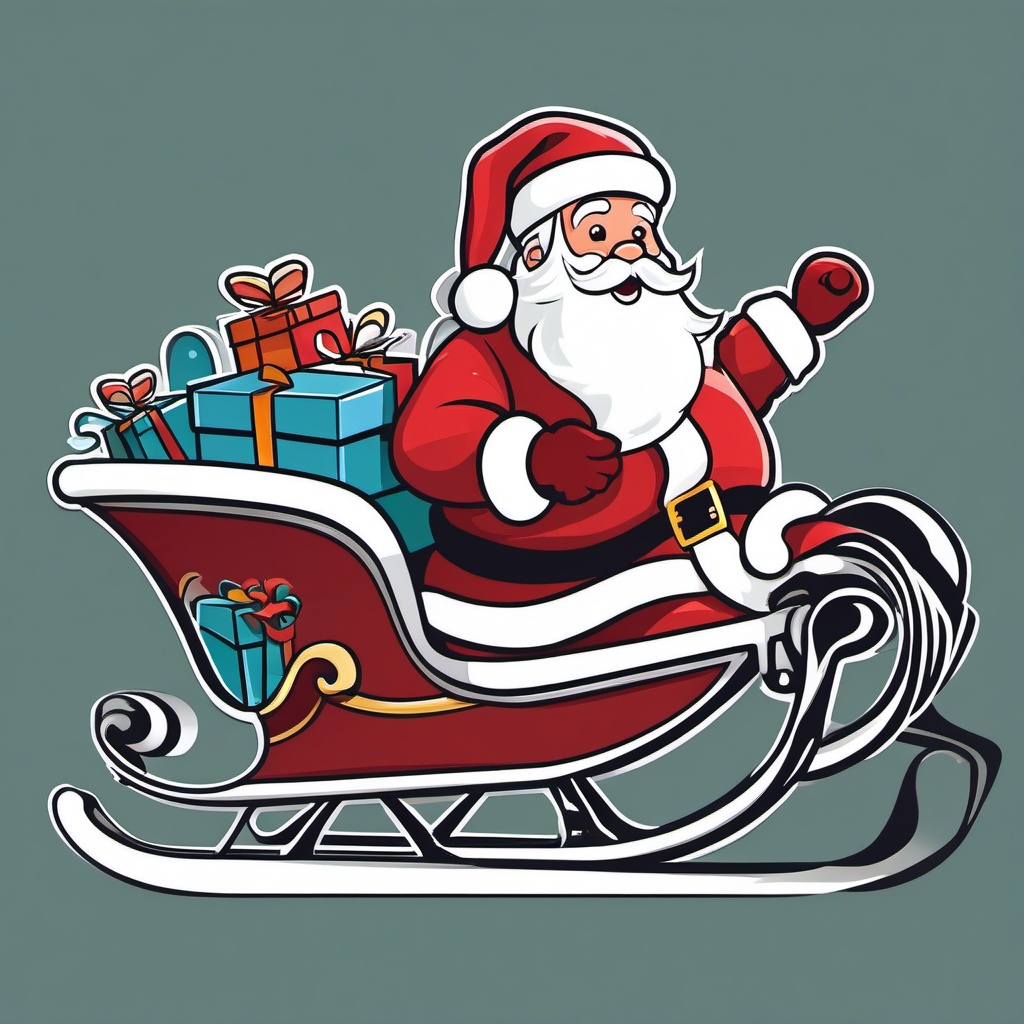 Santa in a sleigh clipart, Santa Claus merrily riding in his sleigh with presents.  simple, 2d flat