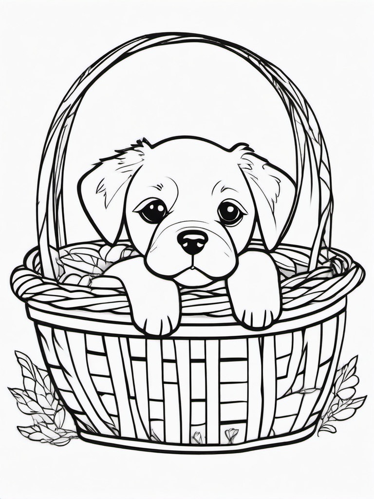 Dog in a Basket Coloring Pages - Cozy Pup Snuggled in a Basket  minimal black outline printable sheet, coloring page