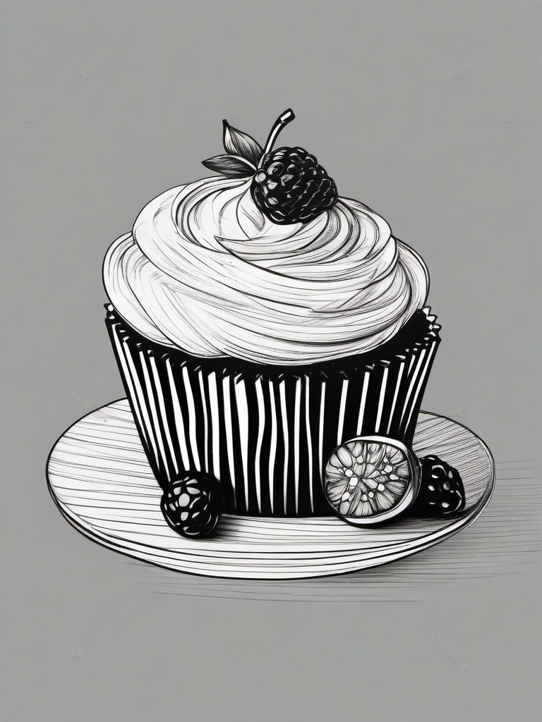 drawing of a cupcake with fruit  minimal rough sketch scribbles,doodles,black and white