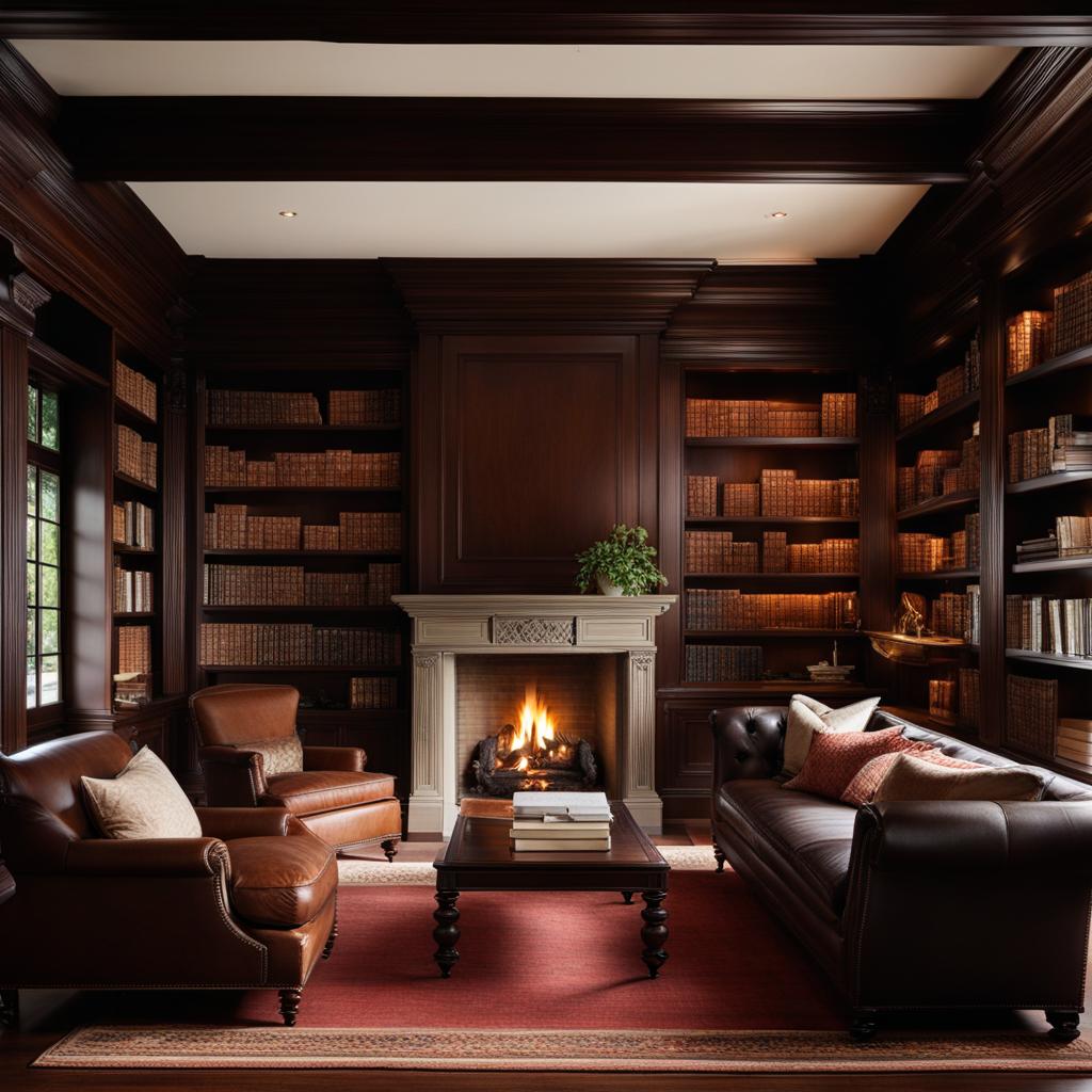 traditional library with dark wood bookshelves and a cozy fireplace. 