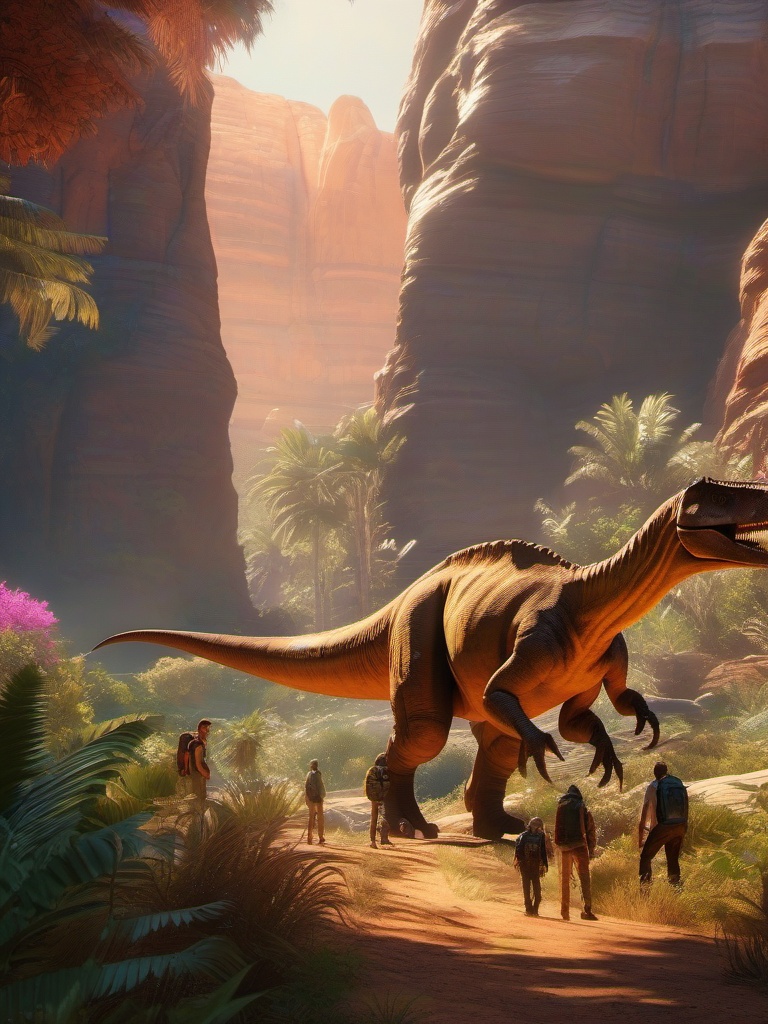 Group of travelers stumbles upon hidden valley where dinosaurs still roam. hyperrealistic, intricately detailed, color depth,splash art, concept art, mid shot, sharp focus, dramatic, 2/3 face angle, side light, colorful background