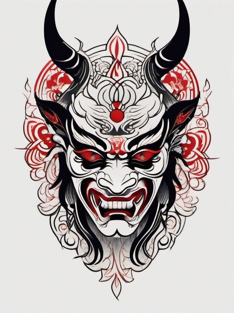 Kabuki Demon Tattoo - Tattoo featuring motifs inspired by Kabuki theater and Japanese demon imagery.  simple color tattoo,white background,minimal