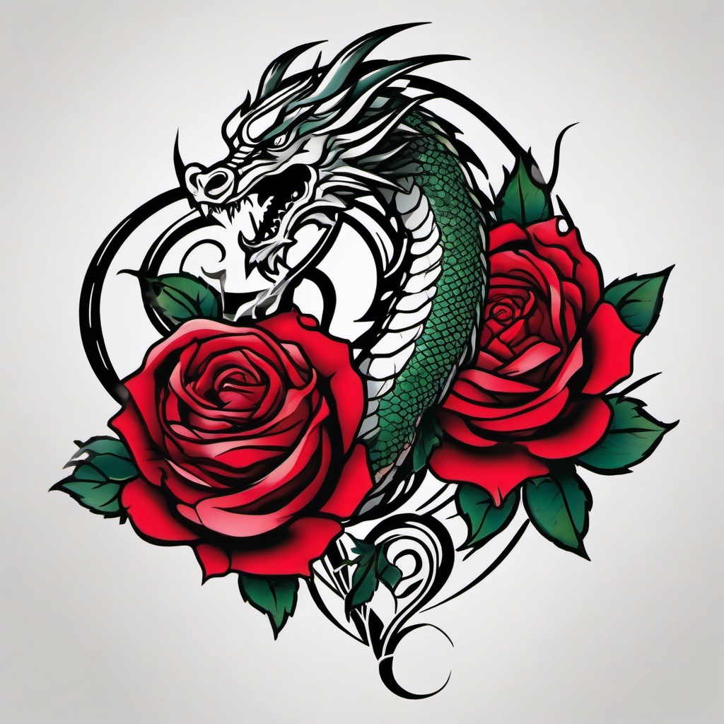 Dragon and Rose Tattoo - Tattoo featuring both a dragon and a rose in the design.  simple color tattoo,minimalist,white background