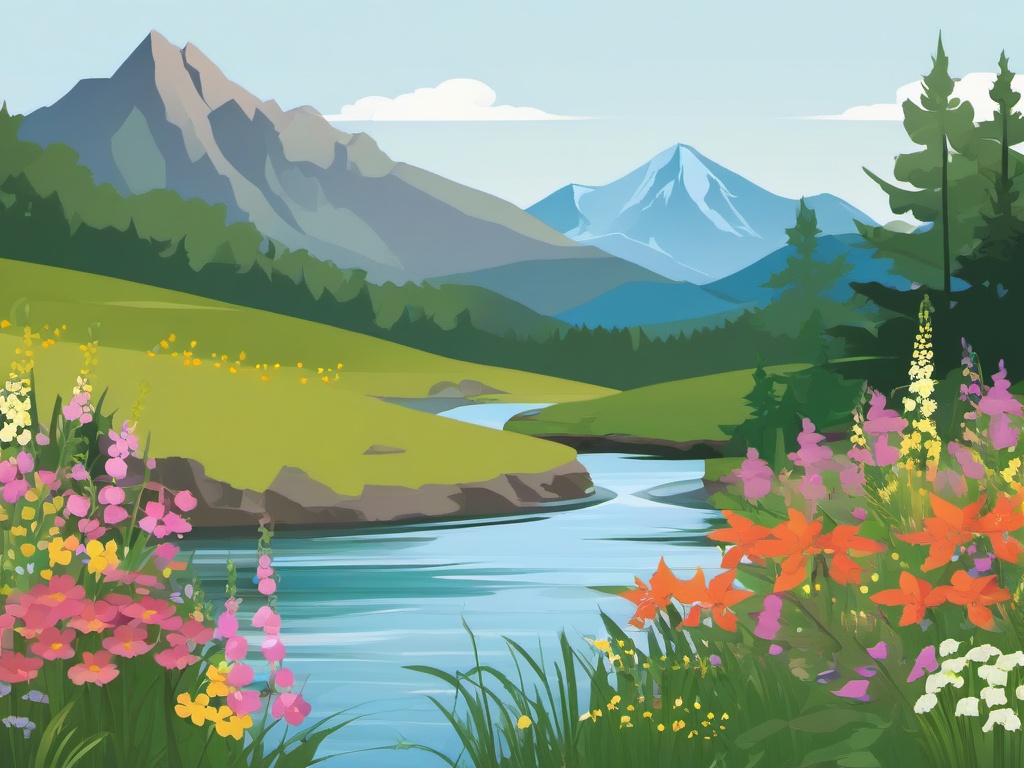 Mountain Stream and Wildflowers clipart - A stream amidst wildflowers, ,vector color clipart,minimal