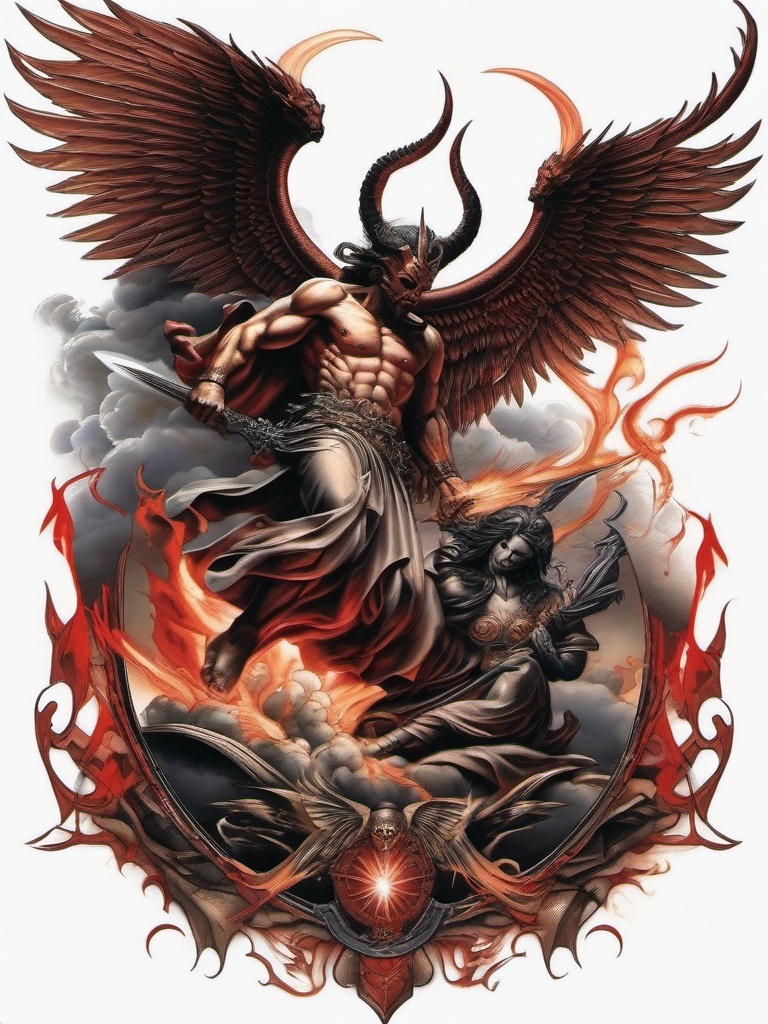 Demon Killing Angel Tattoo-Intense and symbolic tattoo featuring a scene of a demon killing an angel, capturing themes of celestial warfare.  simple color tattoo,white background
