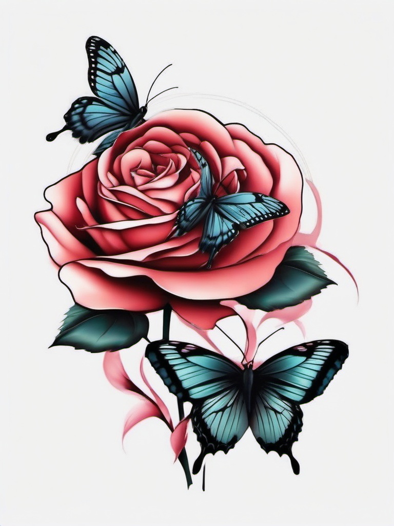 rose with butterfly tattoo designs  simple color tattoo, minimal, white background