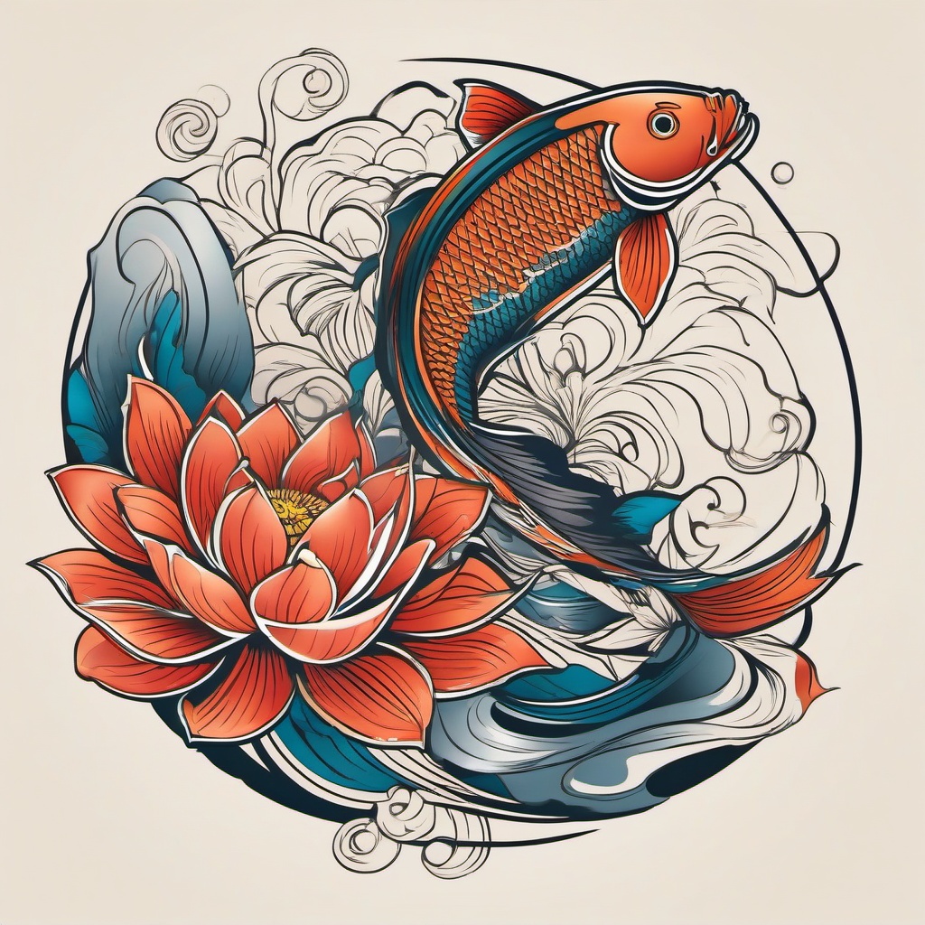 Koi Fish and Lotus Tattoo-Intricate and symbolic tattoo featuring a Koi fish and lotus flower, symbolizing perseverance and purity.  simple color vector tattoo