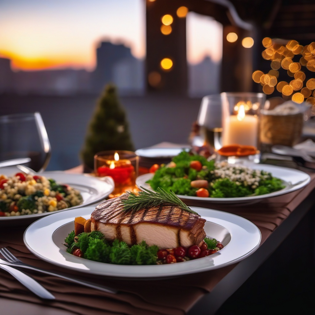 Winter Rooftop Dinner  background picture, close shot professional product  photography, natural lighting, canon lens, shot on dslr 64 megapixels sharp focus