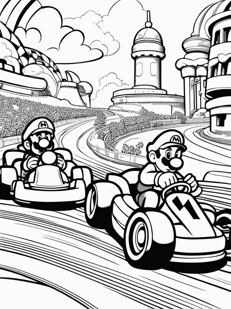 mario coloring pages - mario and luigi race go-karts in an exciting competition. 