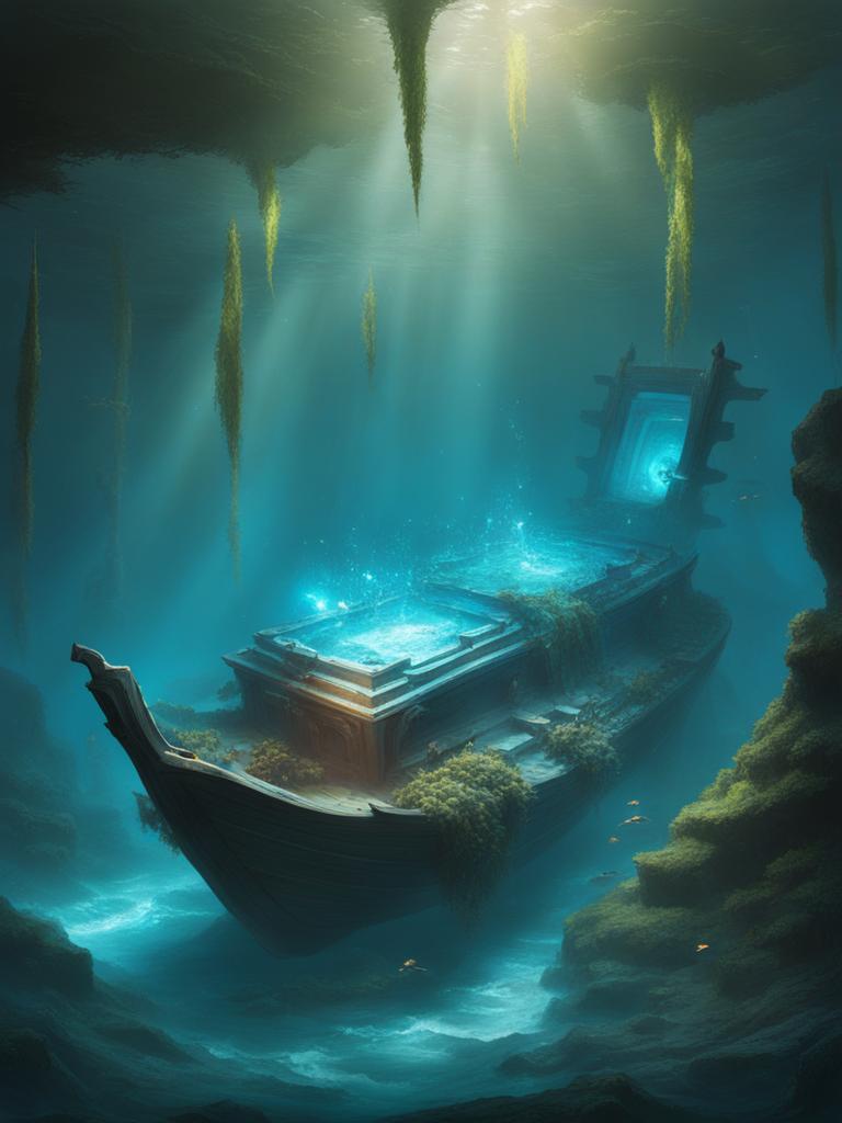 sunken shipwreck guarded by water elementals, hiding valuable mage scrolls. 